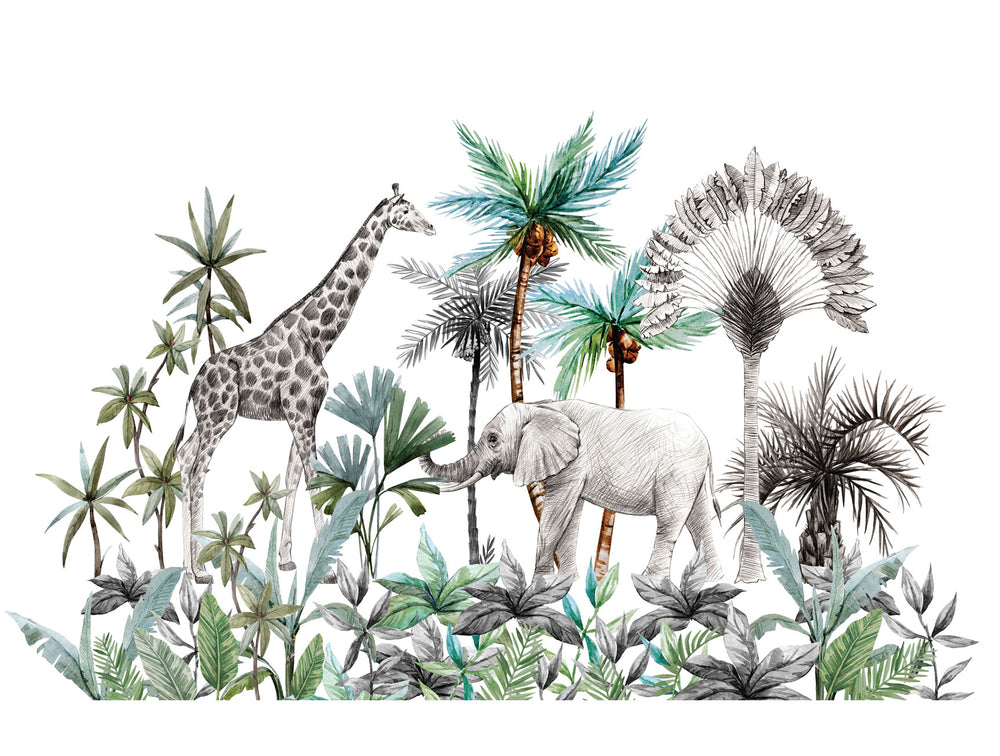 Gray Watercolor safari Animal Mural Wallpaper M1457