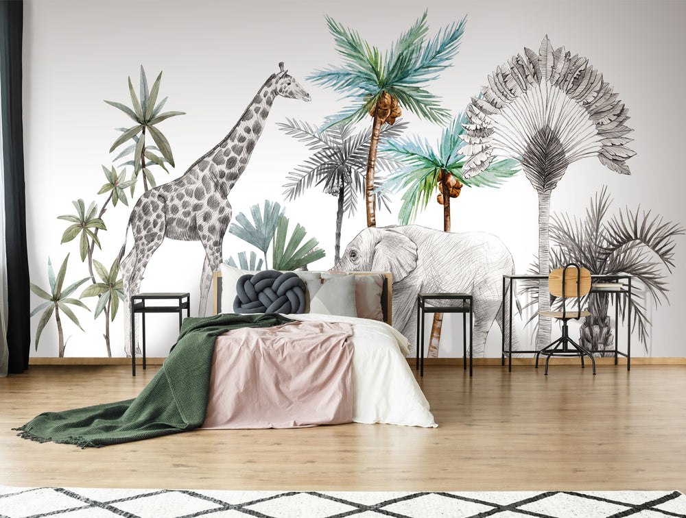 Gray Watercolor safari Animal Mural Wallpaper M1457