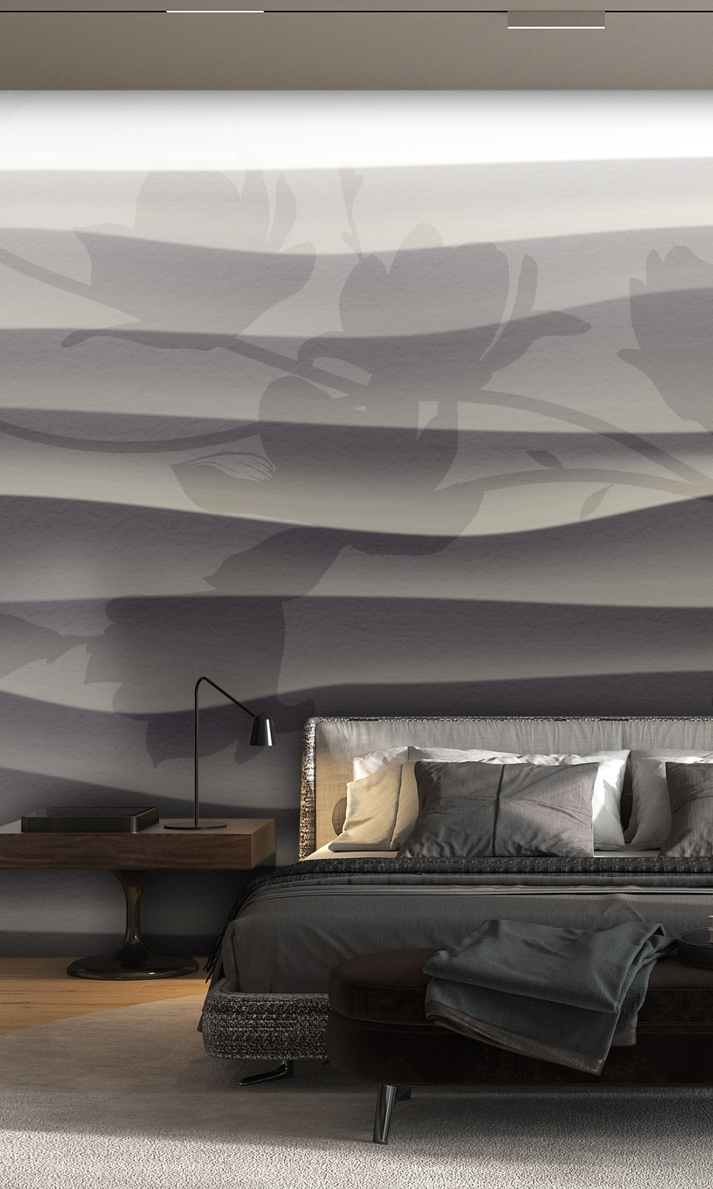 Gray Wavy Stripes with Flower Shadow Mural Wallpaper M1371