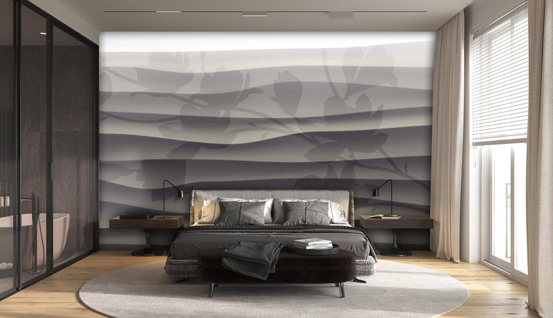 Gray Wavy Stripes with Flower Shadow Mural Wallpaper M1371