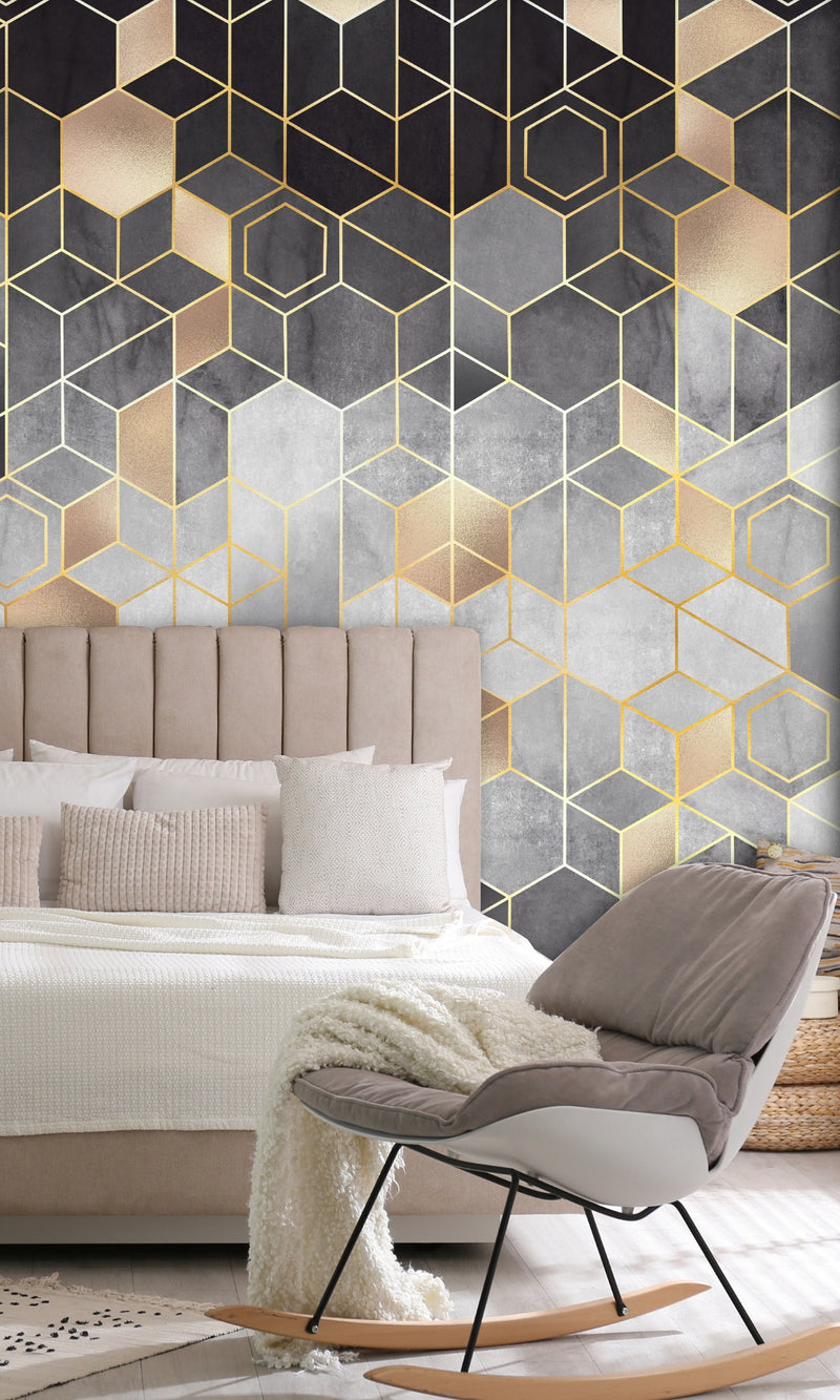 Gray & Gold Geometric Abstraction of Hexagons Mural Wallpaper M1305