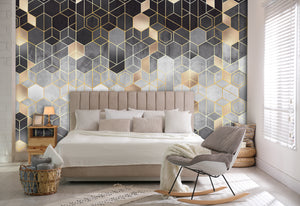 Gray & Gold Geometric Abstraction of Hexagons Mural Wallpaper M1305