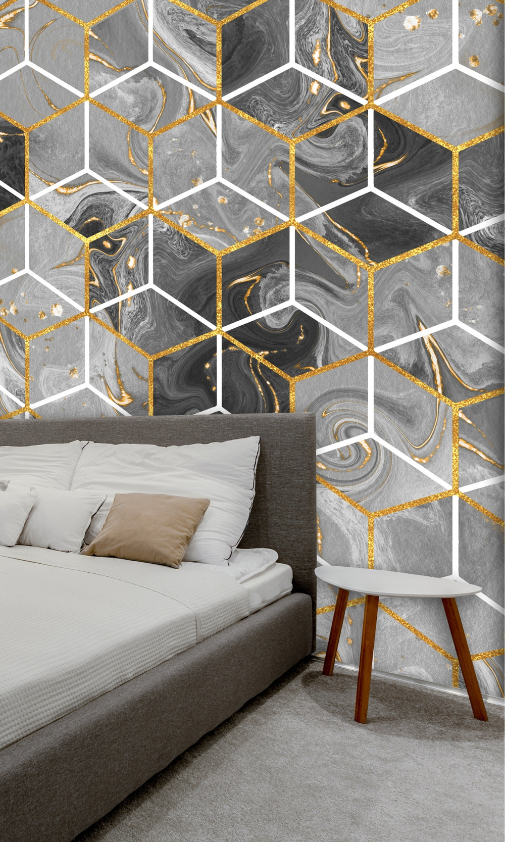 Gray & Gold Marble Hexagon Mural Wallpaper M1310