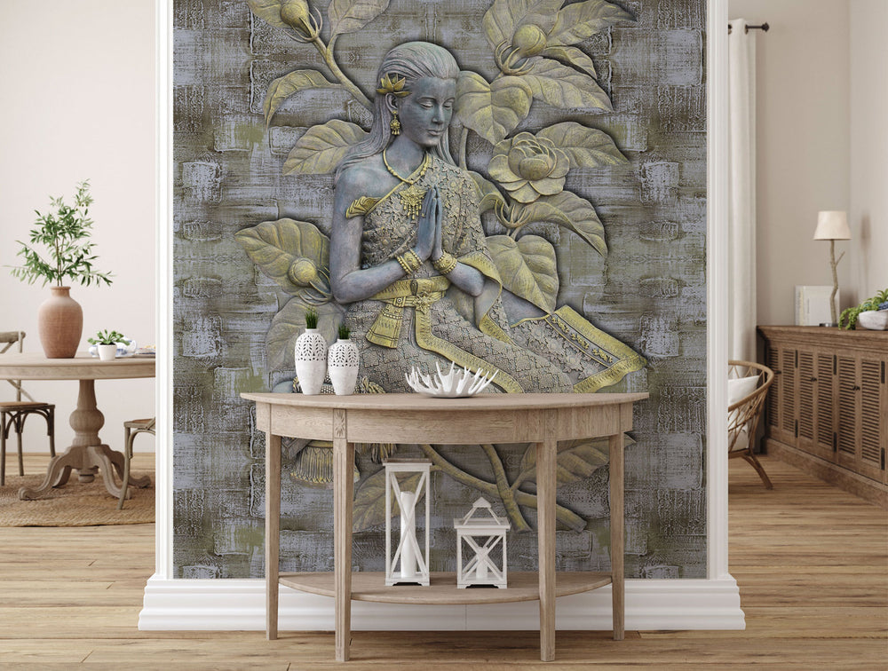 Gray & Gold Praying Girl Mural Wallpaper M1159