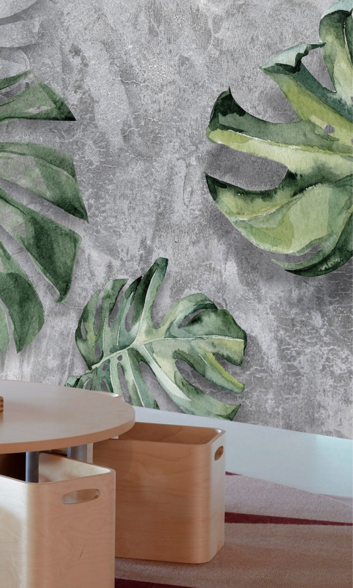 Gray & Green Tropical leaves on Concrete Mural Wallpaper M1224-Sample