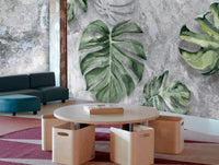 Gray & Green Tropical leaves on Concrete Mural Wallpaper M1224