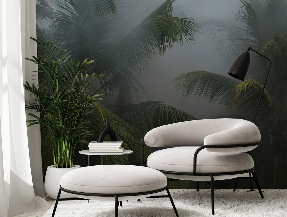 Green Coconut trees in the Fog Mural Wallpaper M1139