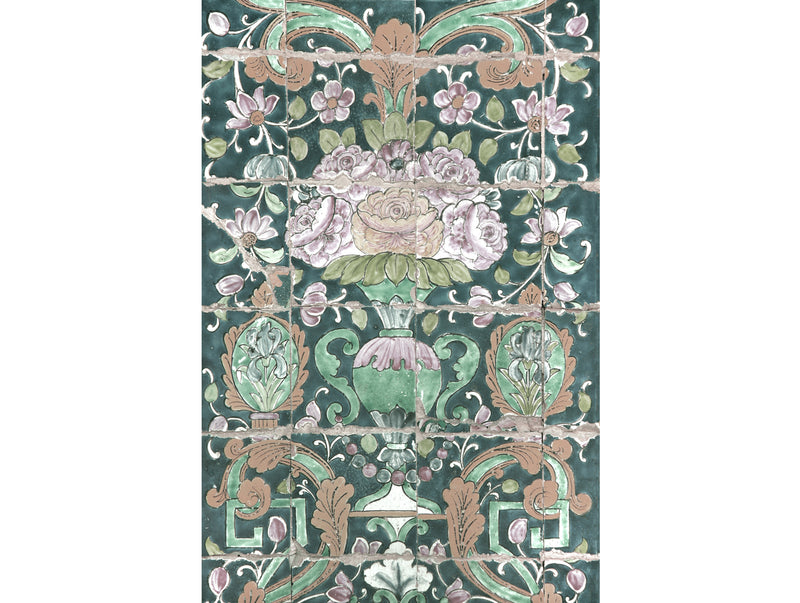 Green Floral Tiles Mural Wallpaper M1180