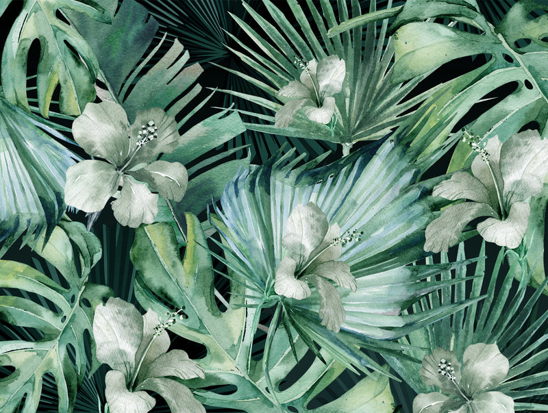 Green Flowers and Leaves Mural Wallpaper M1285