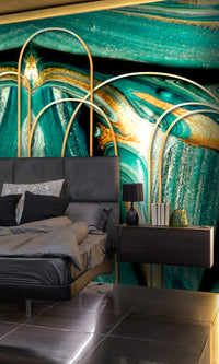Green Metallic Foil on Green Marble Mural Wallpaper M1353
