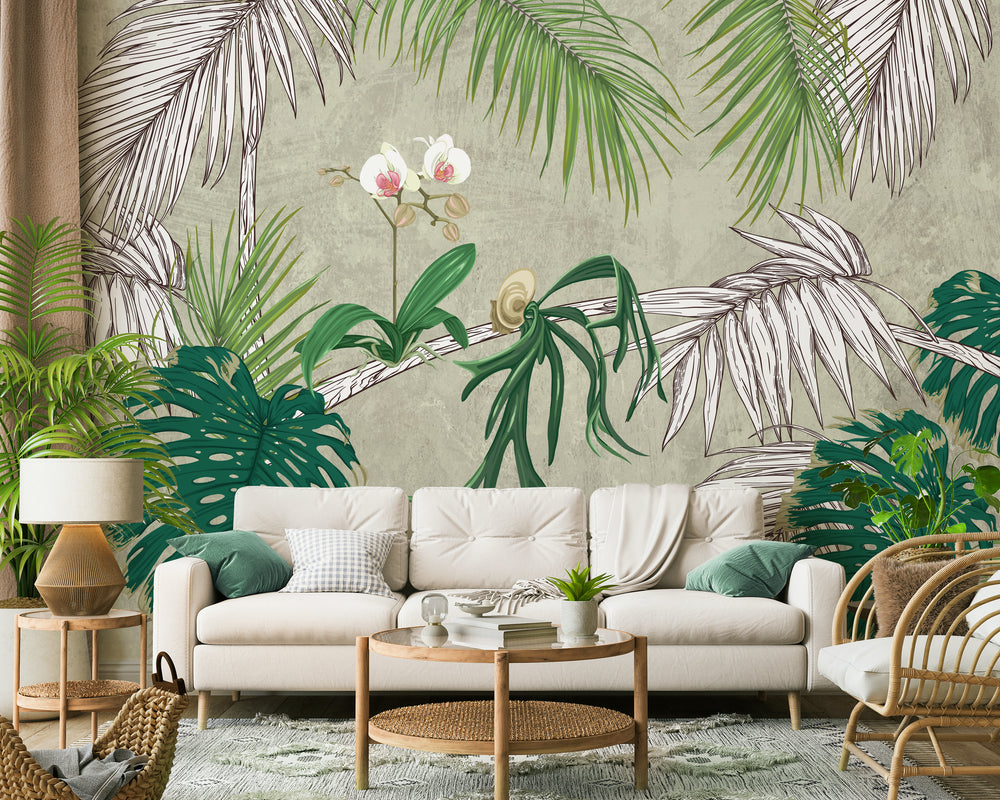 Green Orchid Flower and Leaves Mural Wallpaper M1407