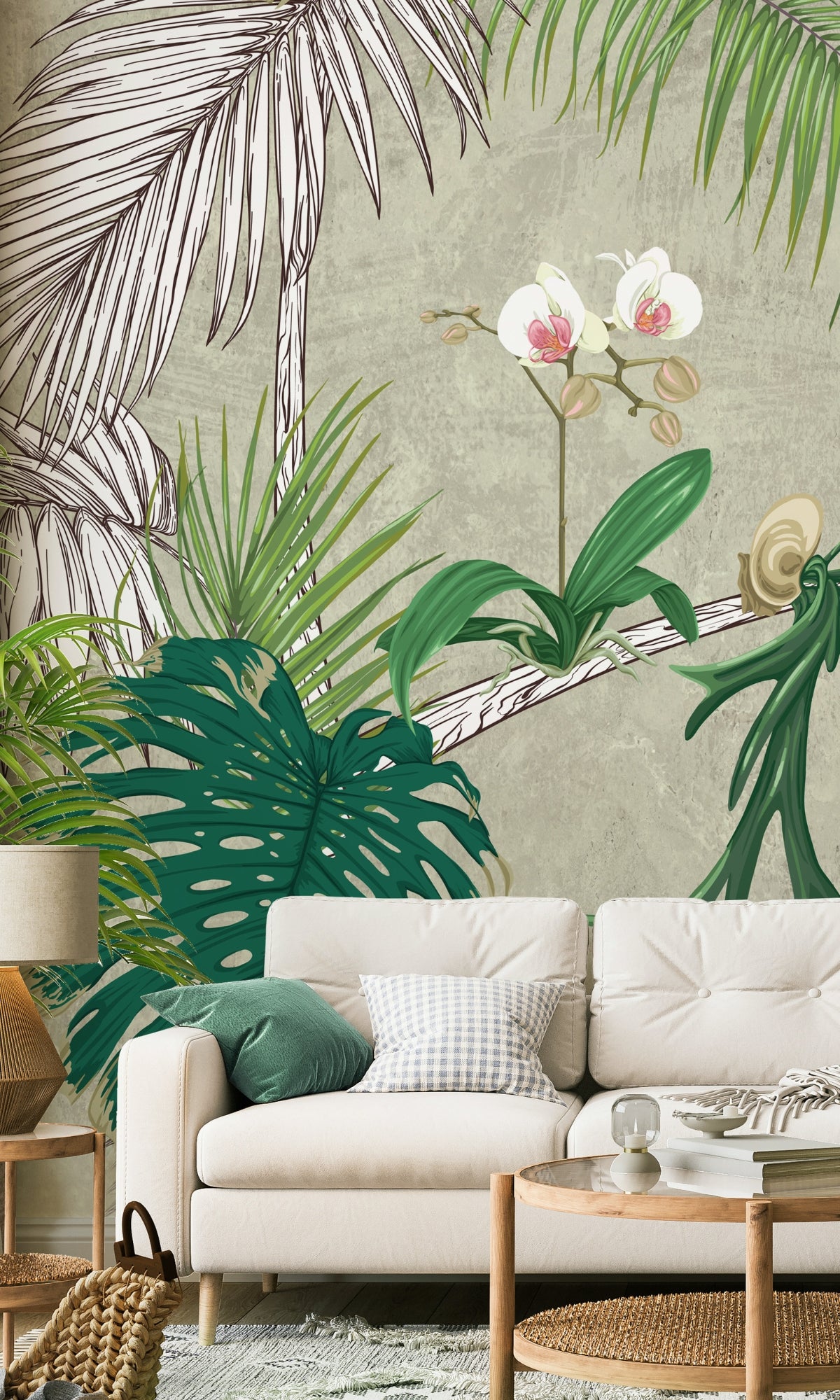 Green Orchid Flower and Leaves Mural Wallpaper M1407
