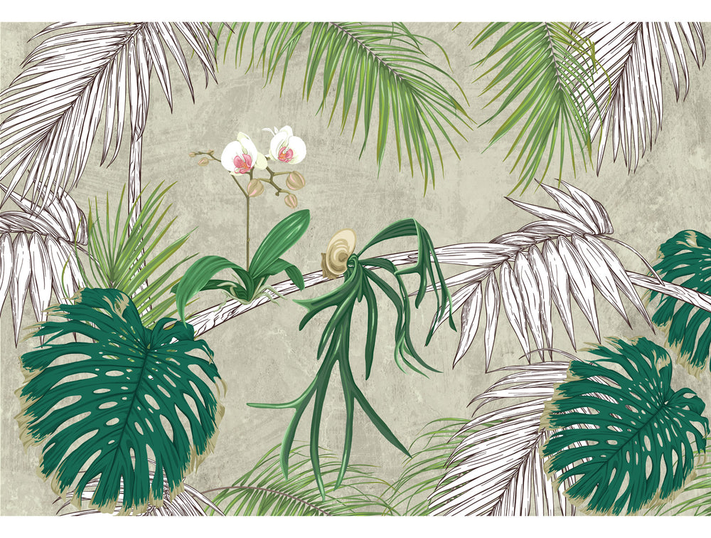 Green Orchid Flower and Leaves Mural Wallpaper M1407