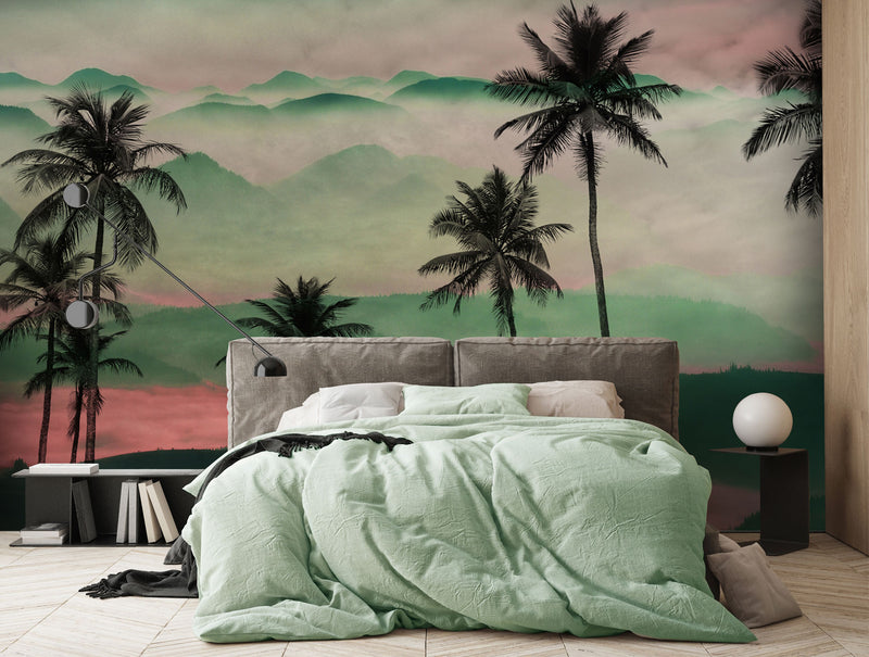 Green Palm trees Silhouette Mural Wallpaper M1261