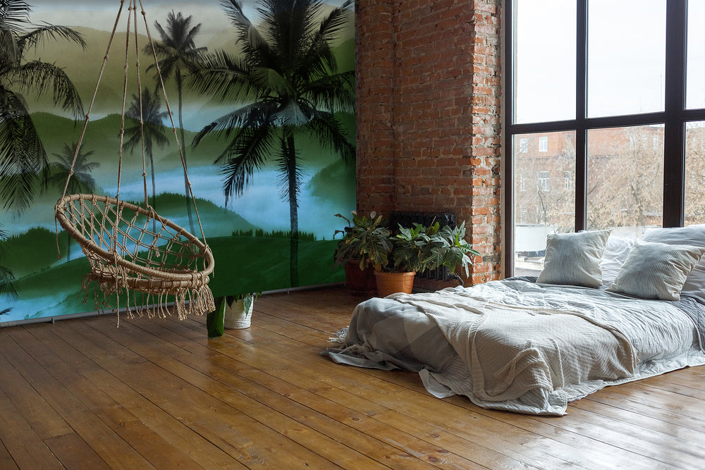 Green Palm trees and Mountain Mural Wallpaper M1264