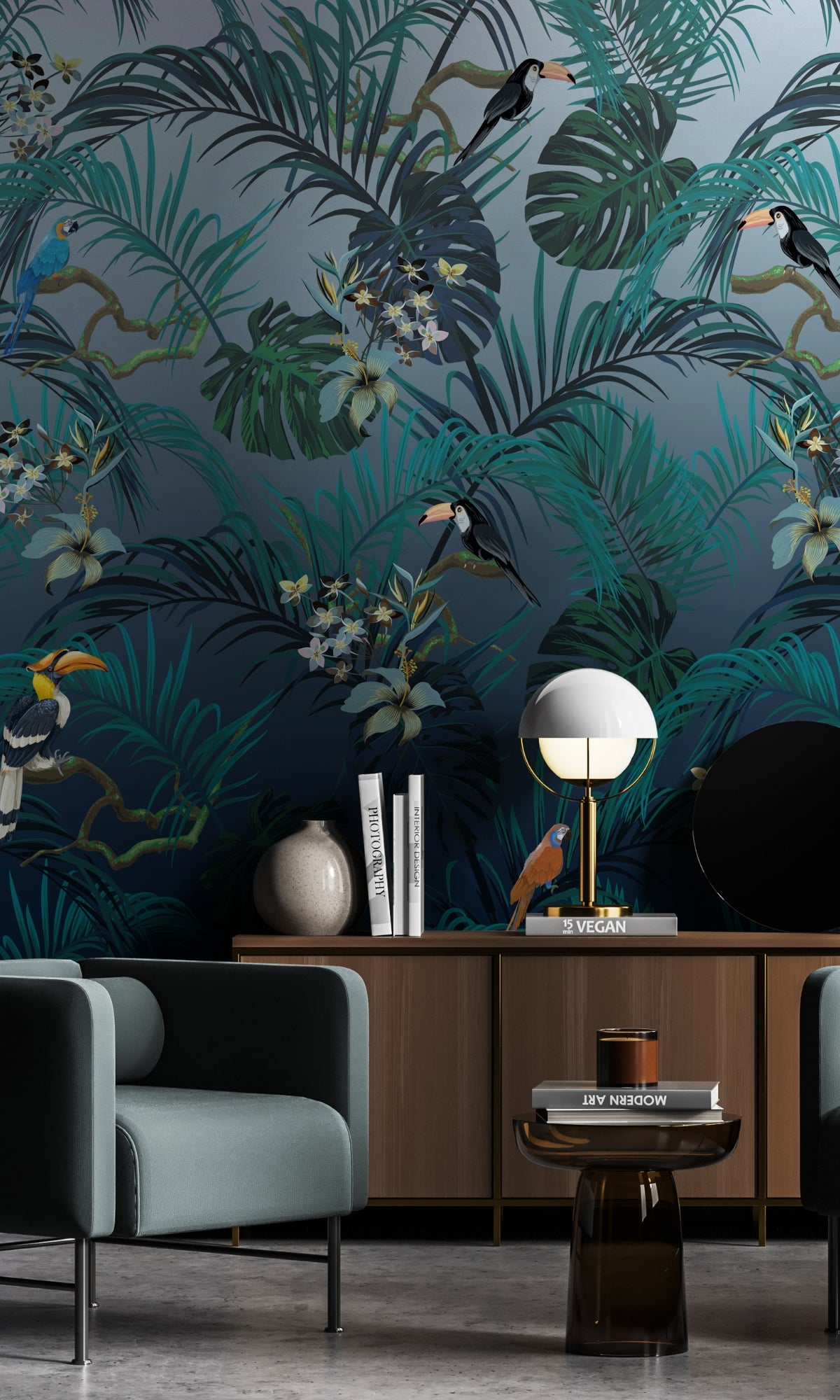 Green Tropical Birds Mural Wallpaper M1329-Sample