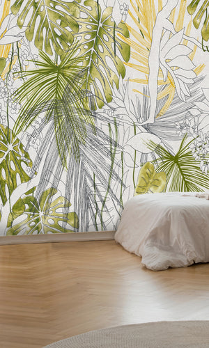 Green Tropical Leaves Flowers Wallpaper M1301