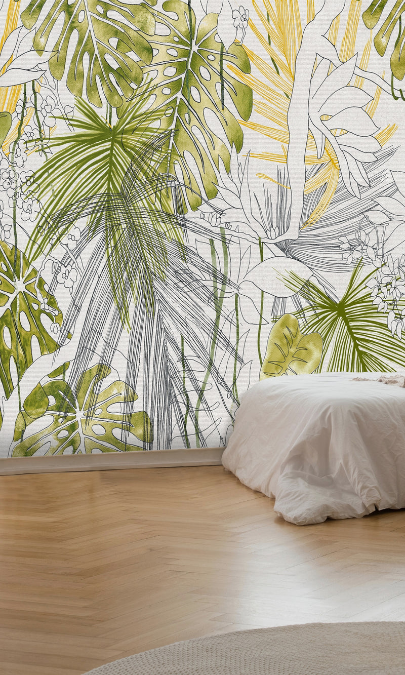 Green Tropical Leaves Flowers Wallpaper M1301