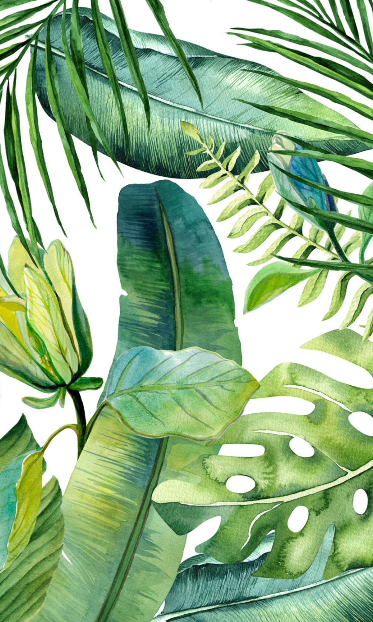 Green Watercolour tropical Leaves Mural Wallpaper M1190-Sample