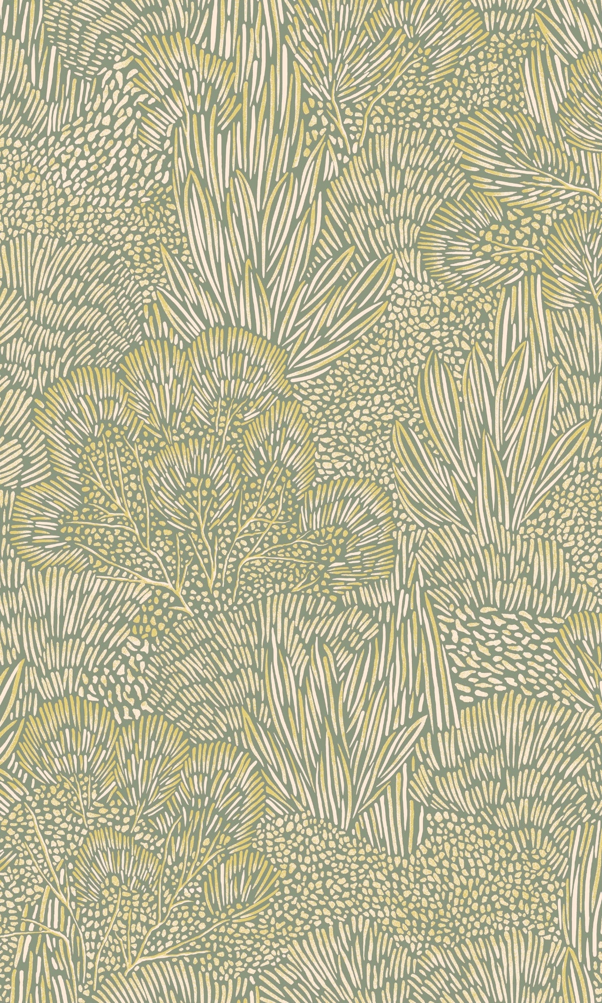 Green & Gold Embossed Leaves & Trees Tropical Wallpaper R9096