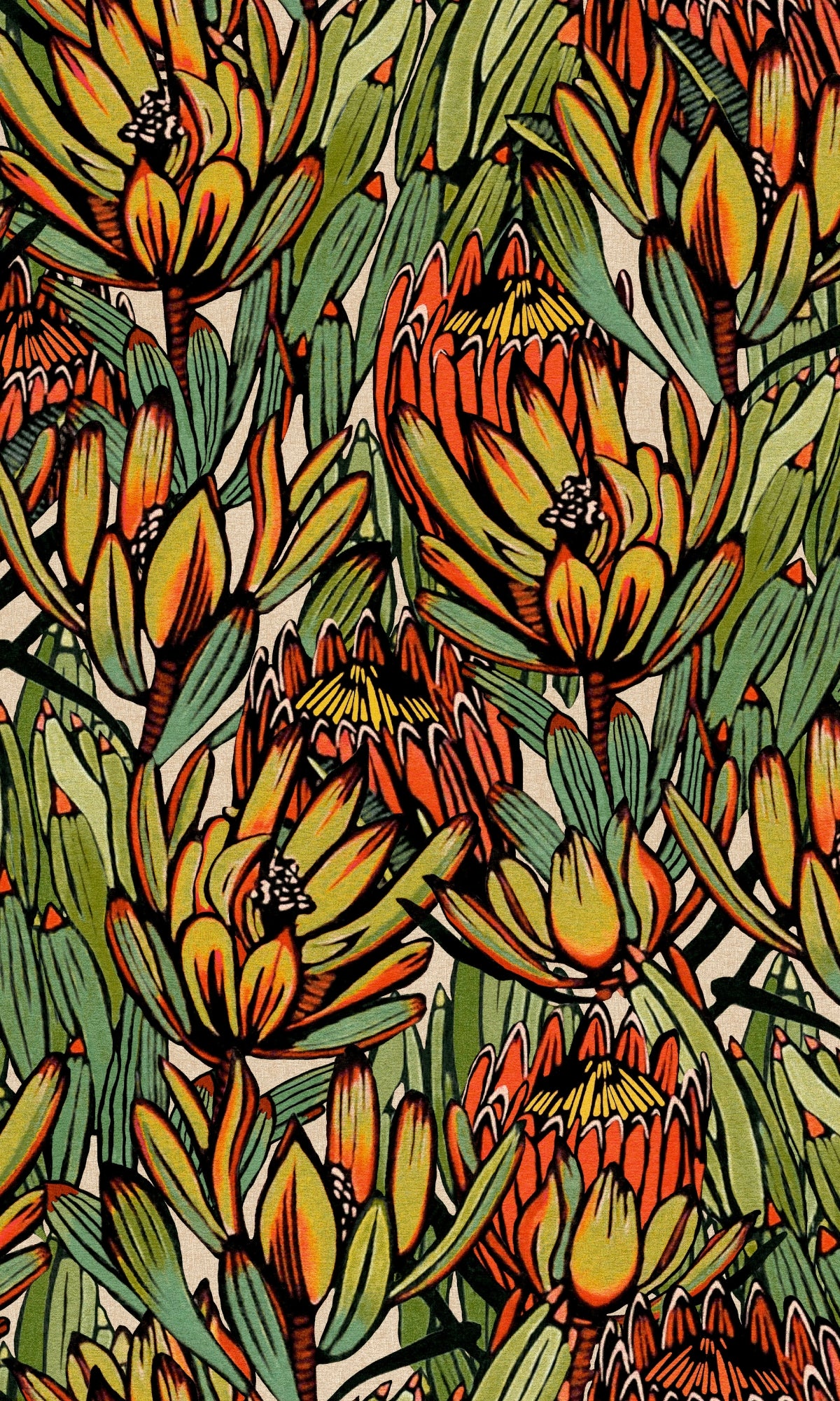 Green & Orange Exotic Protea Flower Floral Wallpaper R9084