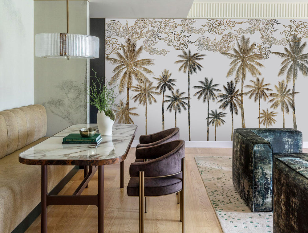 Green & Orange Tropical Palm leaves in Autumn Mural Wallpaper M1266