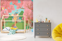 Green & Pink Forest Mural Wallpaper M1199