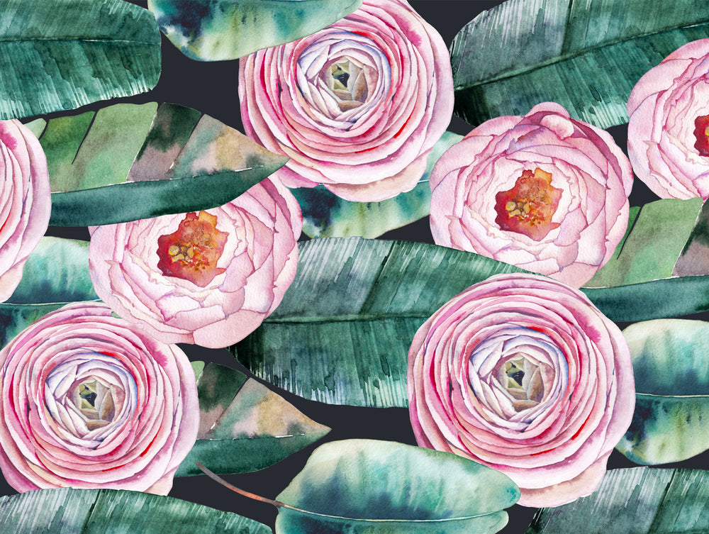 Green & Pink Watercolour Roses Wall Mural M1194