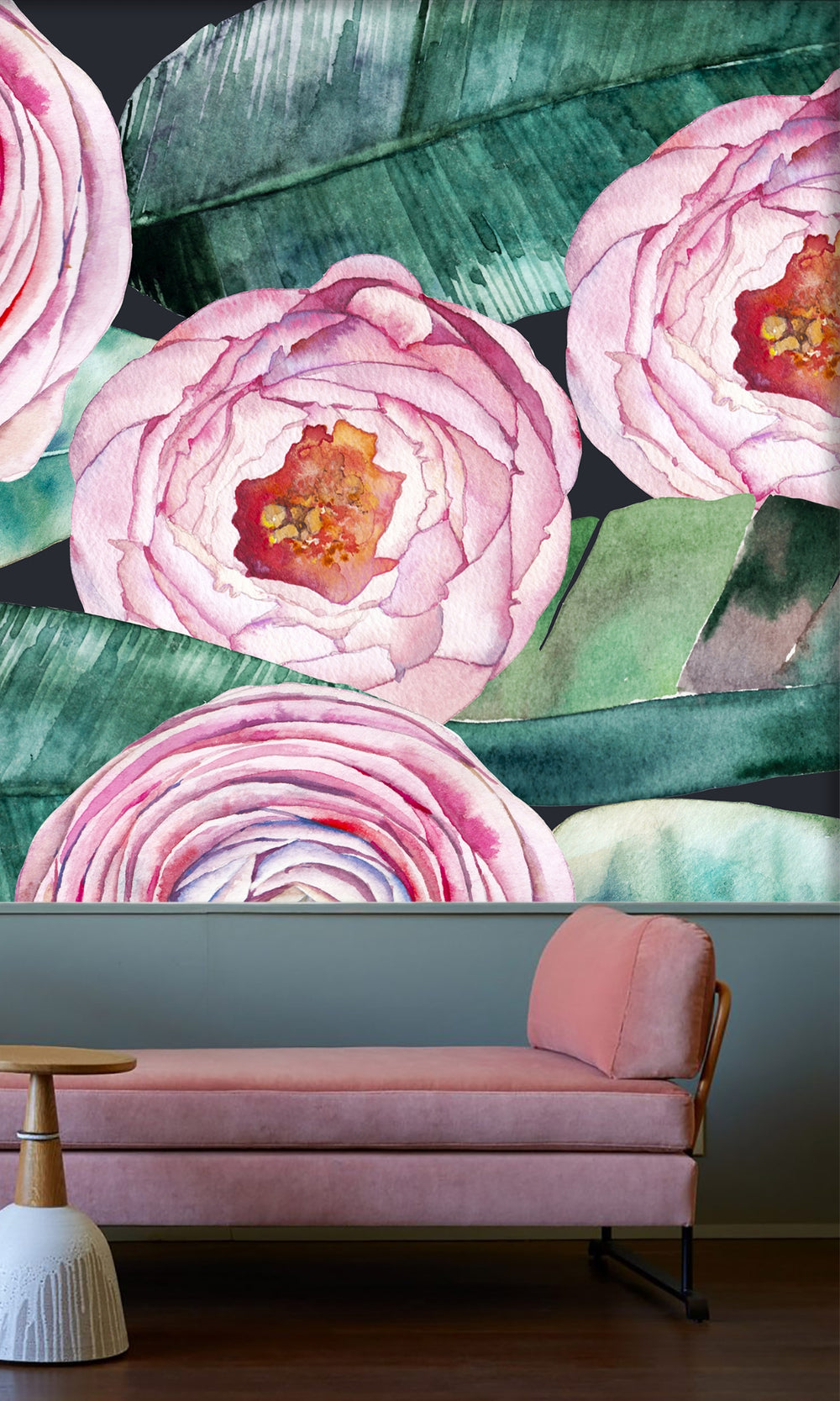 Green & Pink Watercolour Roses Wall Mural M1194