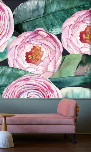 Green & Pink Watercolour Roses Mural Wallpaper M1194