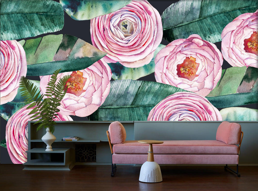 Green & Pink Watercolour Roses Wall Mural M1194