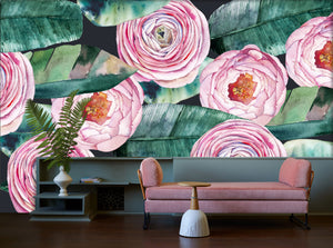 Green & Pink Watercolour Roses Mural Wallpaper M1194
