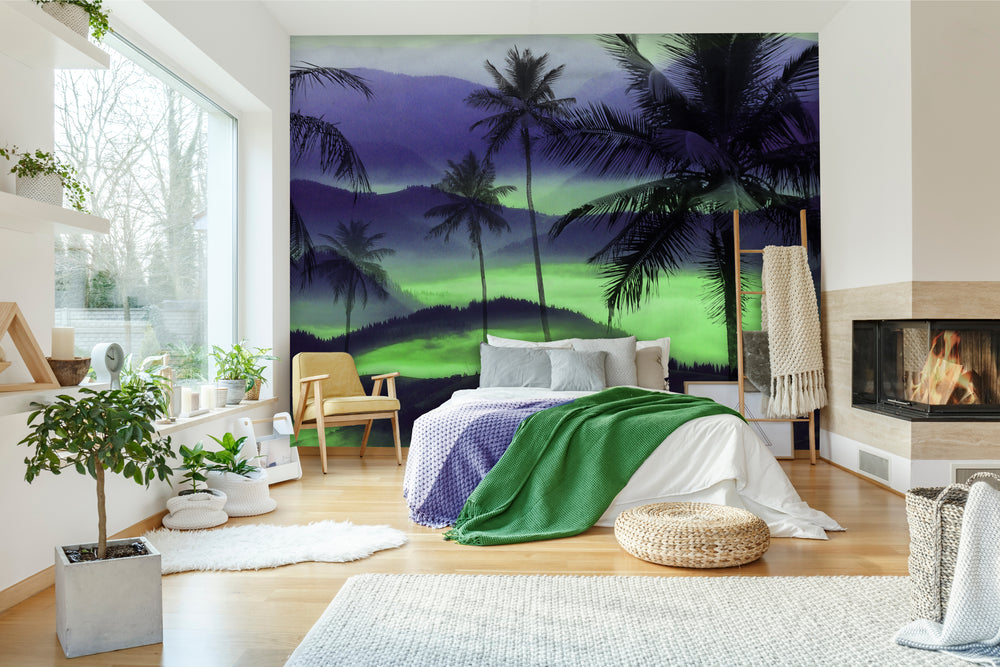 Green & Purple Palm trees Mountain Mural Wallpaper M1269