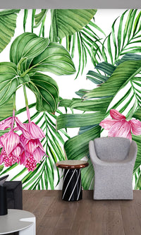 Green leaves & pink Flowers Mural Wallpaper M1189