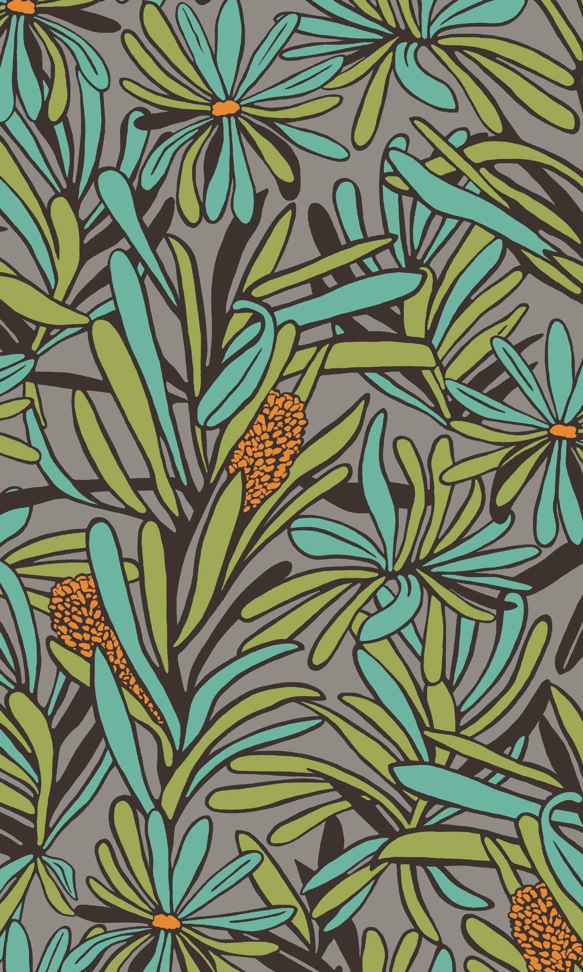 Grey & Orange Plant Pattern Non-Woven Tropical Wallpaper R9100