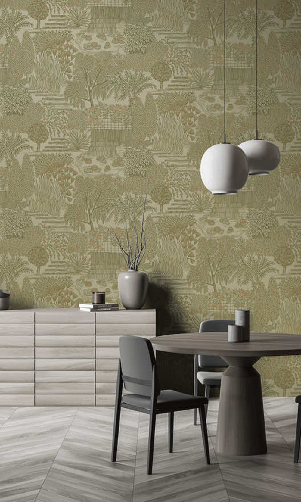 Khaki Japanese Gardens Inspired Tropical Wallpaper R8427