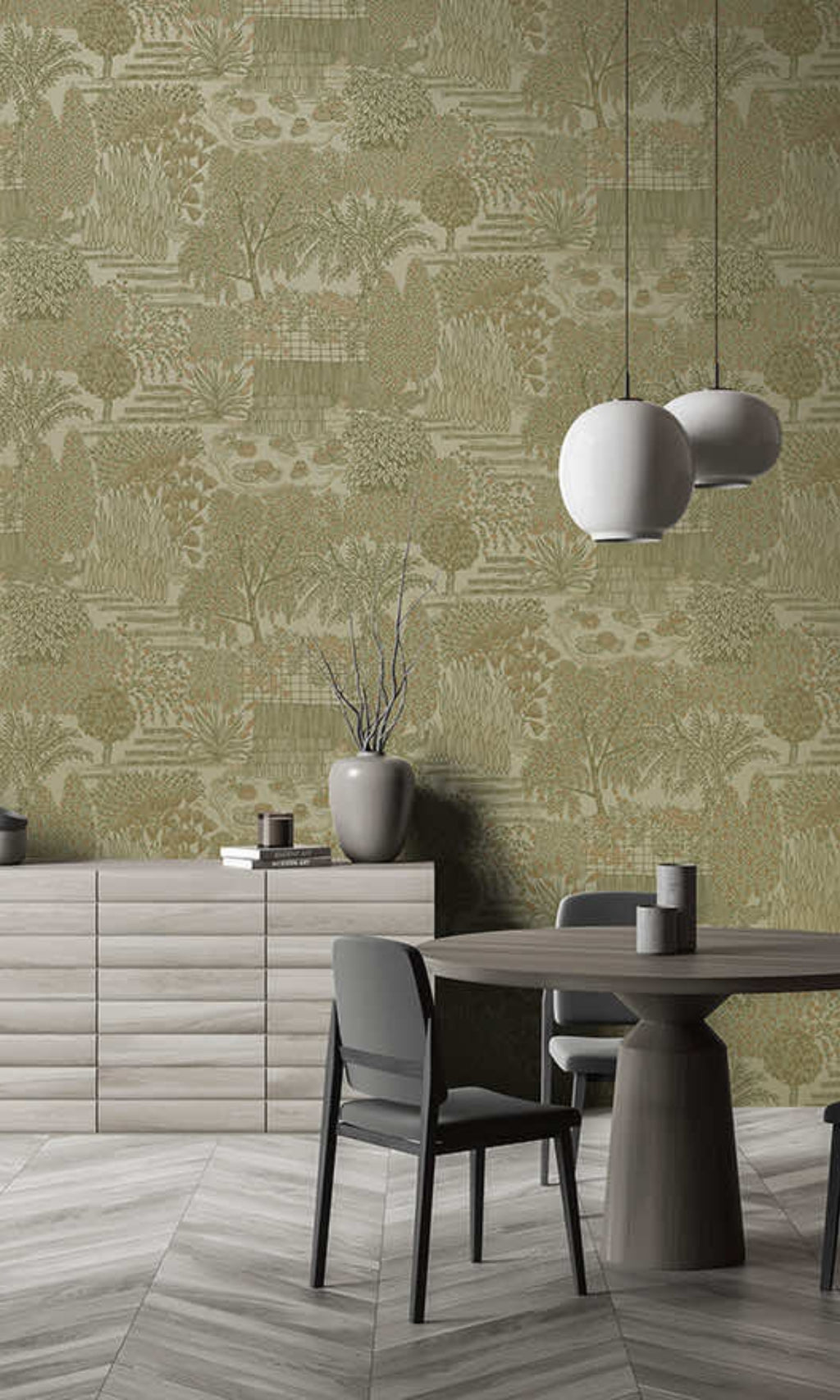 Khaki Japanese Gardens Inspired Tropical Wallpaper R8427