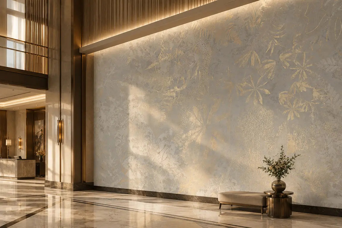 Luxurious interior of a building with decorative wall and marble floor