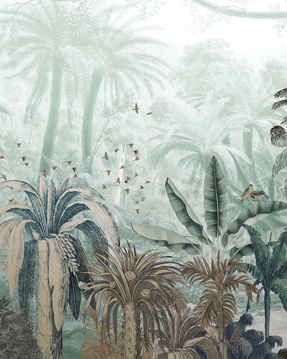 Light Soft Celadon Tropical Jungle Mural M2917