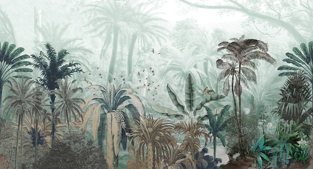 Light Soft Celadon Tropical Jungle Mural M2917- Sample