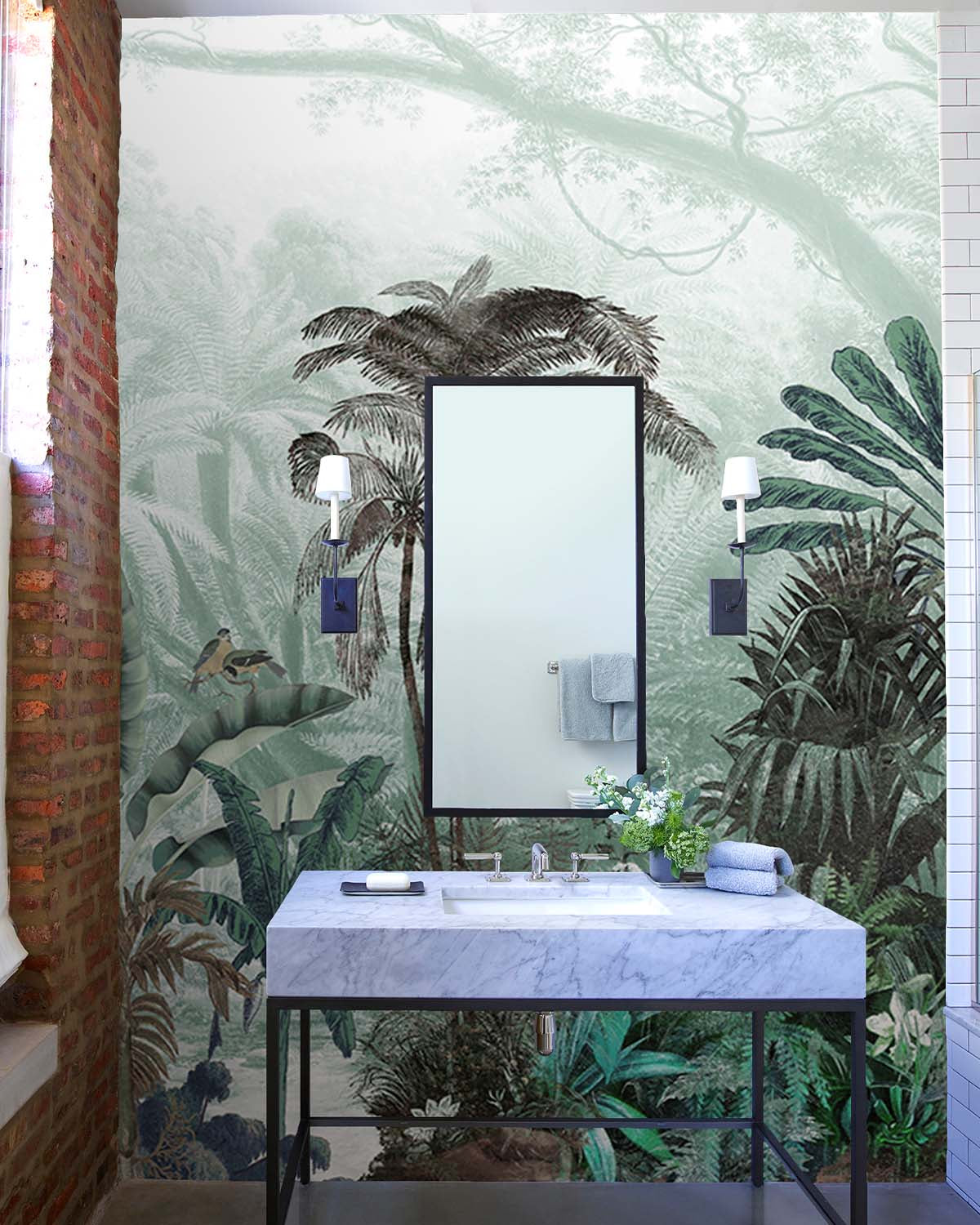 Light Soft Celadon Tropical Jungle Mural M2917