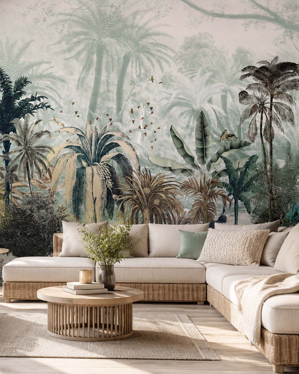 Light Soft Celadon Tropical Jungle Mural M2917