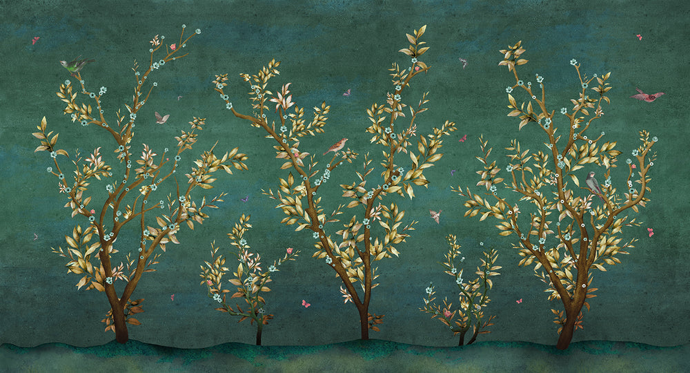 Earhart Emerald Floral Chinoiserie Mural M2924- Sample