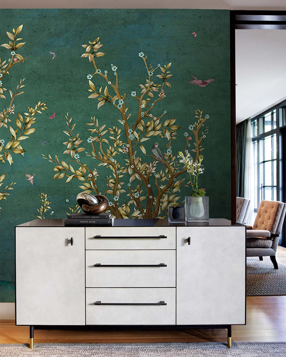 Earhart Emerald Floral Chinoiserie Mural M2924