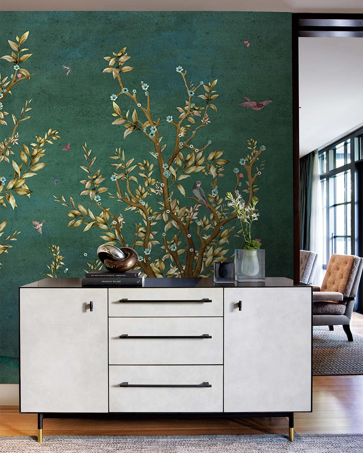 Earhart Emerald Floral Chinoiserie Mural M2924