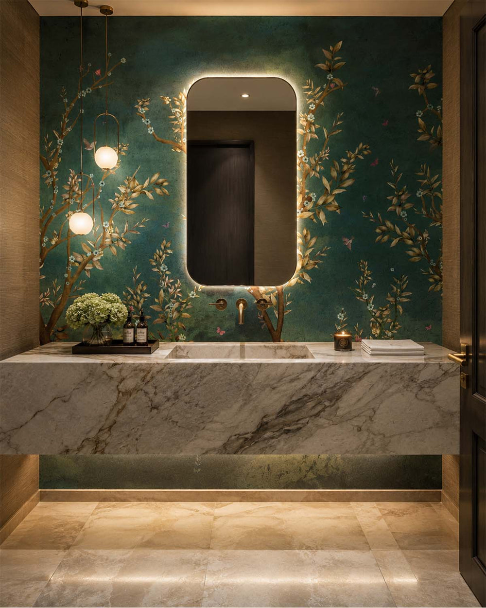 Earhart Emerald Floral Chinoiserie Mural M2924- Sample