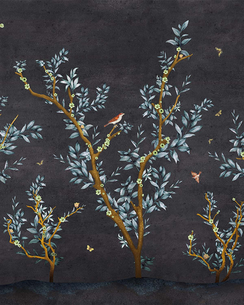 Black Tortoise Floral Chinoiserie Mural M2925- Sample