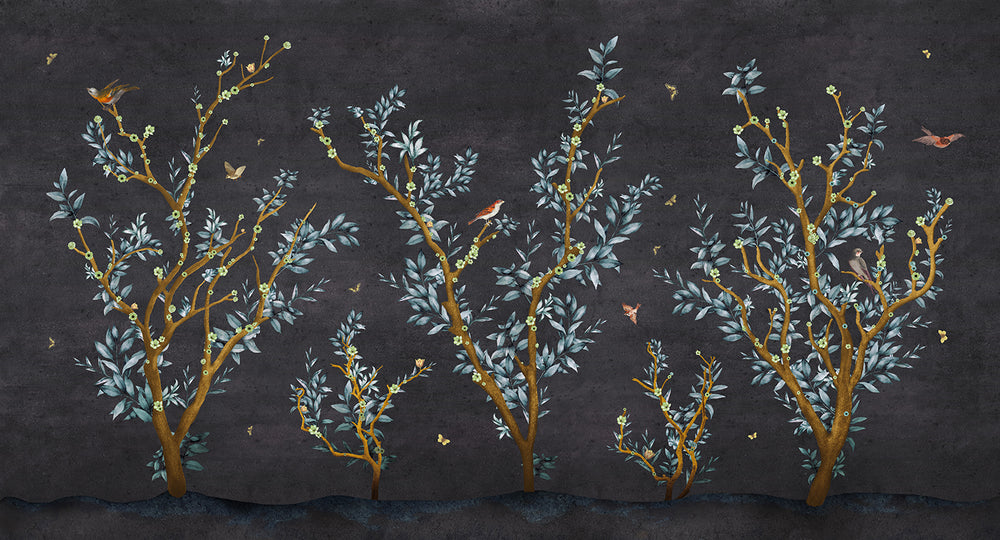 Black Tortoise Floral Chinoiserie Mural M2925- Sample