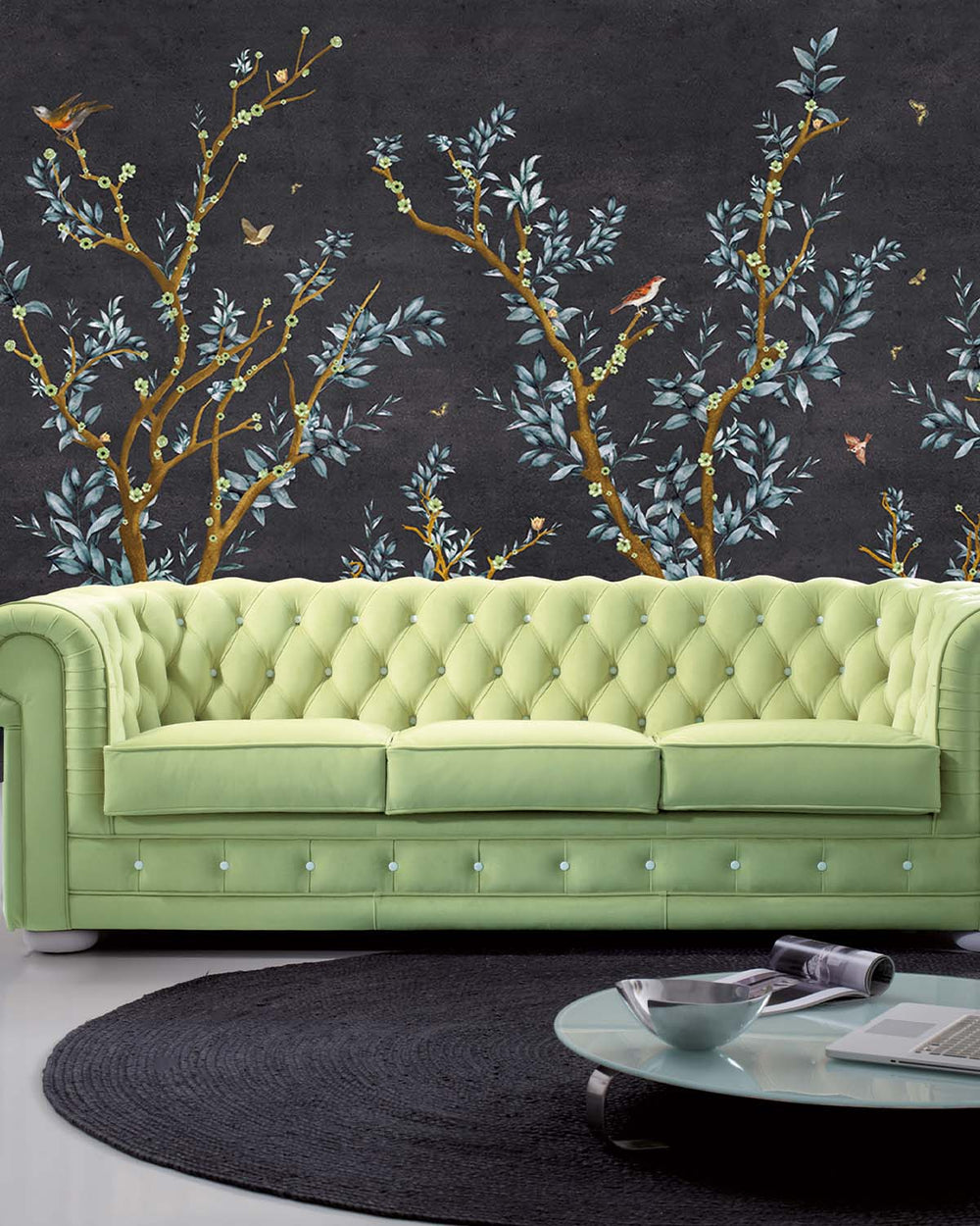 Black Tortoise Floral Chinoiserie Mural M2925