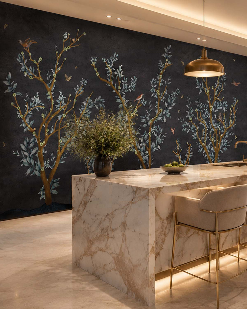 Black Tortoise Floral Chinoiserie Mural M2925